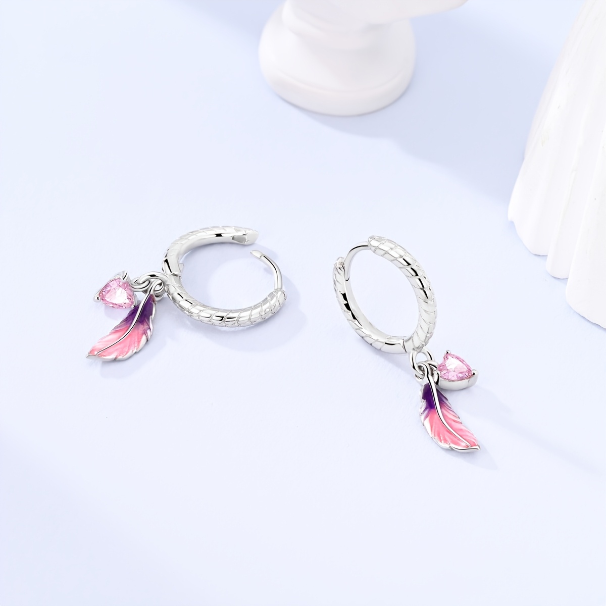 Women's Platinum Plated Elegant Pink Feather Hoop Earrings